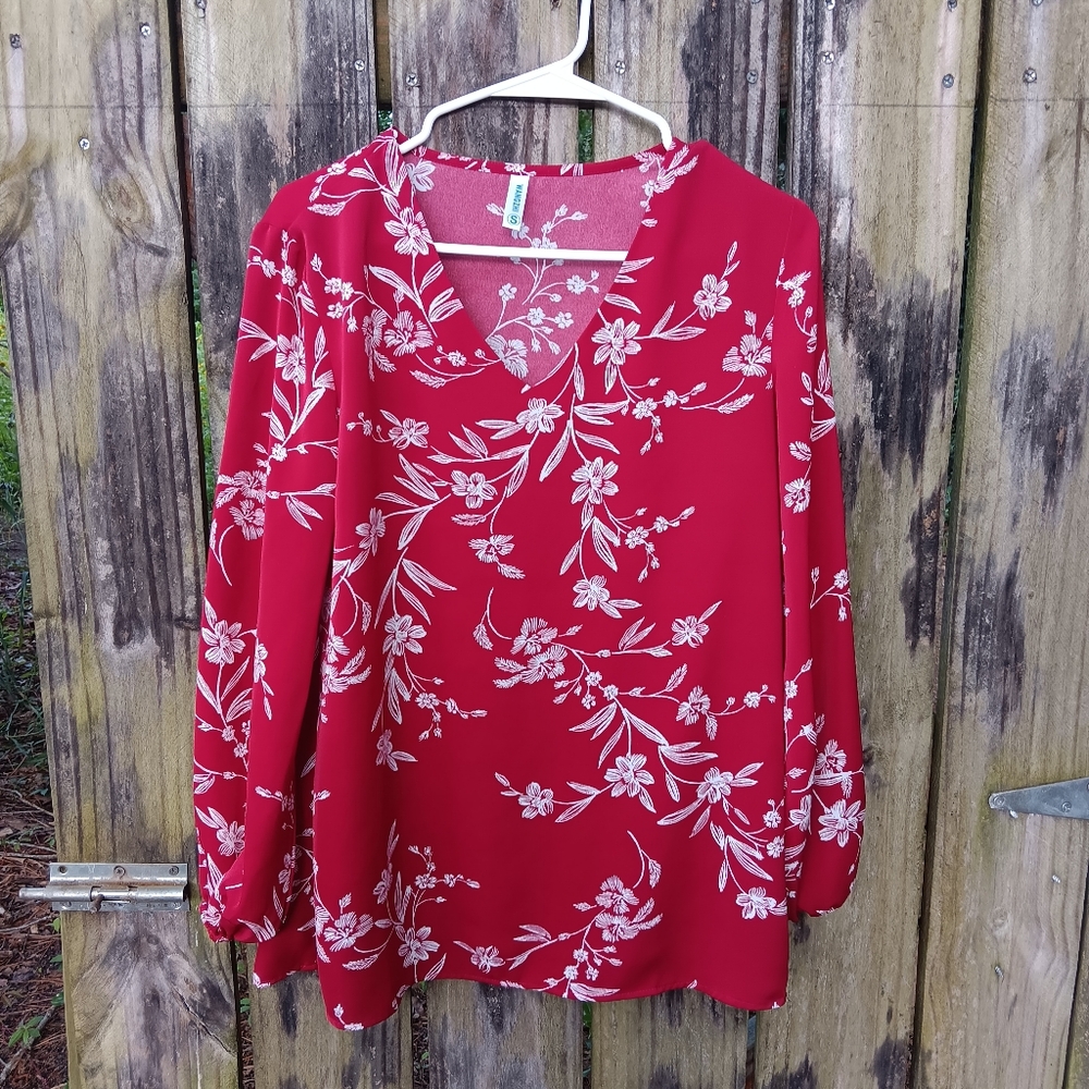 WANGZHI Floral Red and White Women's Blouse S